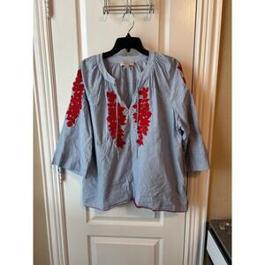 Philosophy Boho Blue and White Red Embroidery Top Boho Large